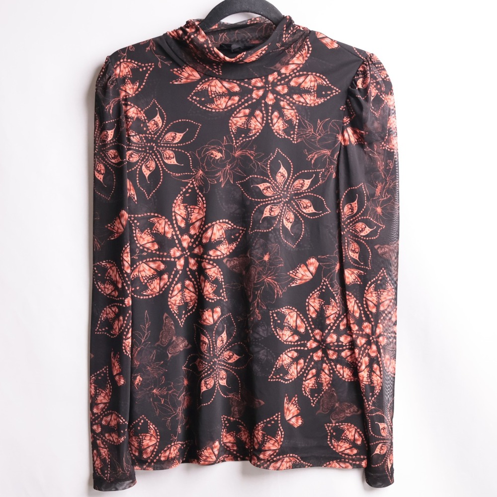 Jane + Delancey Mesh Mockâ Neck Top Black Orange Butterfly Floral M Whimsigoth